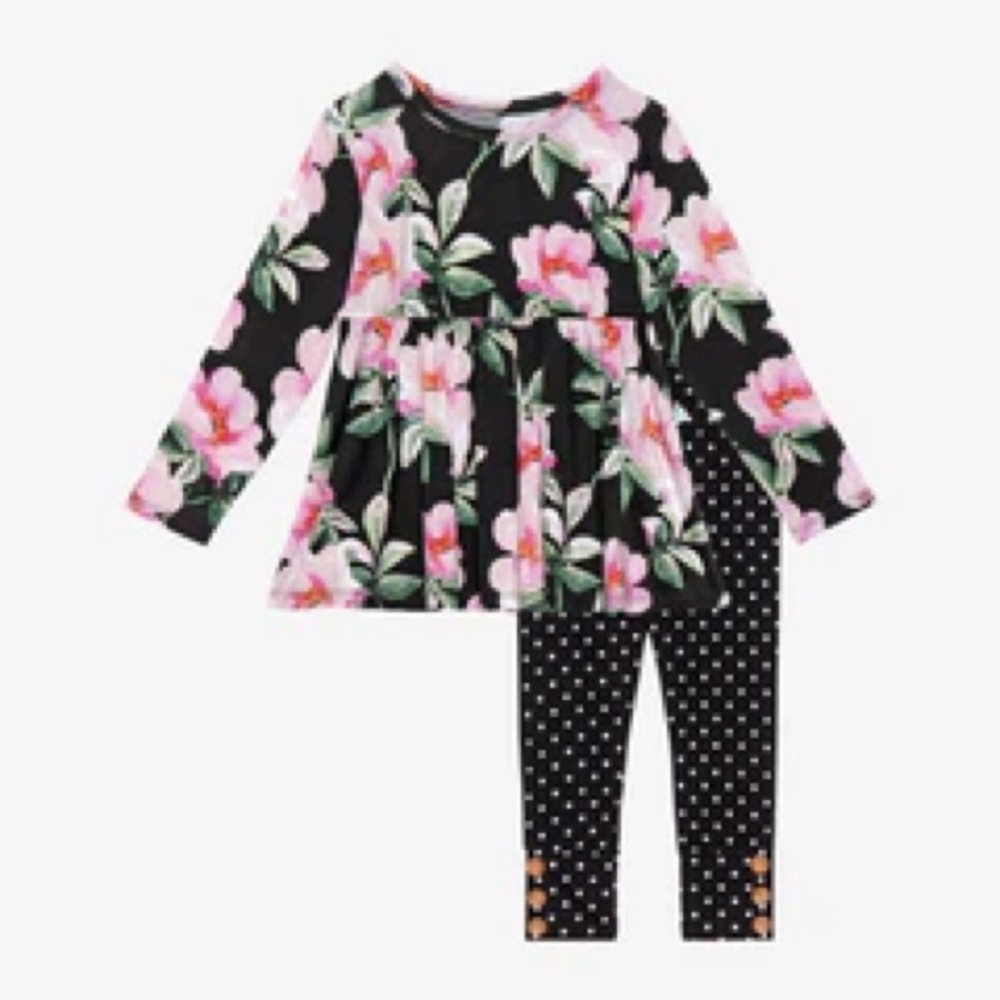 3T Posh Peanut Tenni Floral and Polka Dot Kids Matching Set - Black and Pink